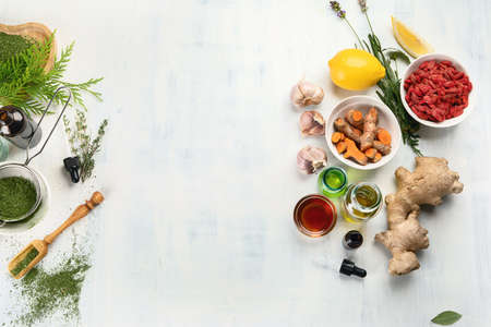 Alternative medicine concept. Herbal medicine and homeopathyの写真素材