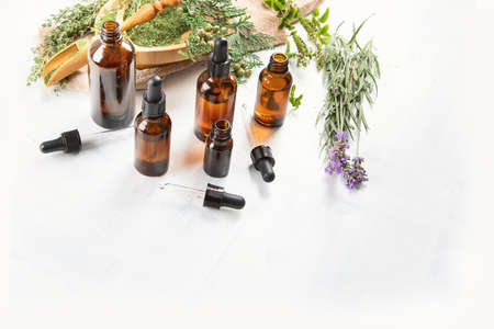 Bottles of essential oils. Herbal medicine. Aromatherapy.の写真素材