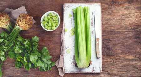 Fresh celery. Top view. Local organic food