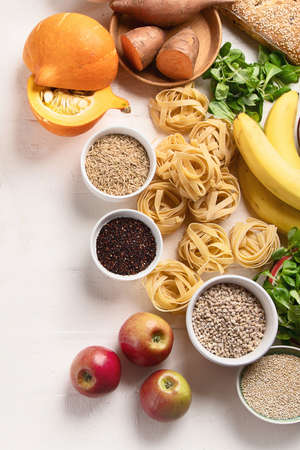 Foods high in carbohydrates. Healthy food. Top viewの写真素材