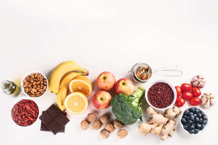 Food sources of natural antioxidants. Top view. Healthy diet concept with copy spaceの写真素材