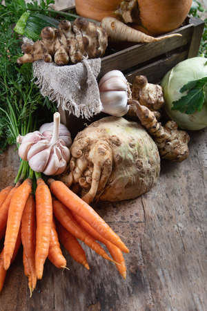 Organic vegetables on wooden table. Bio healthy food concept