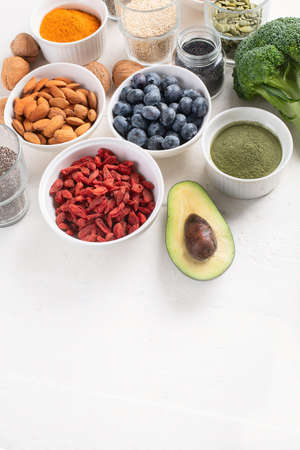 Various superfoods. healthy food concept. Top view with copy space