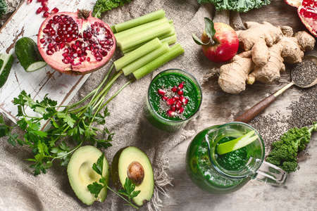 Freshly blended green smoothie. Clean and detox conceptの写真素材