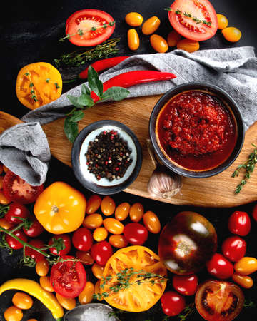 Tomato sauce with ingredients. Top view, flat lay の写真素材