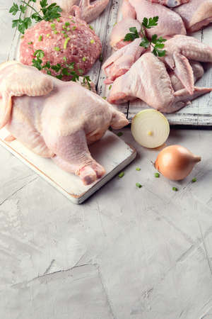 Different types of fresh chicken meat. Healthy diet eating. Top view with copy spaceの写真素材