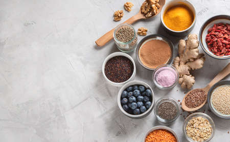 Various superfoods. Healthy food. Top view with copy spaceの写真素材