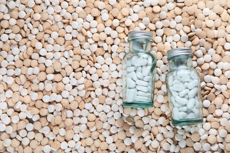Various medicine pills and tablets background. Top viewの写真素材
