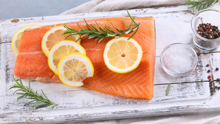 Raw salmon fillet. Fresh fish. Top viewの写真素材