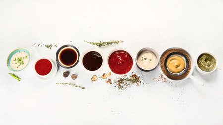 Set of various sauces - ketchup, mayonnaise, barbecue, soy, mustard, pesto, garlic, sweet chilli Top...