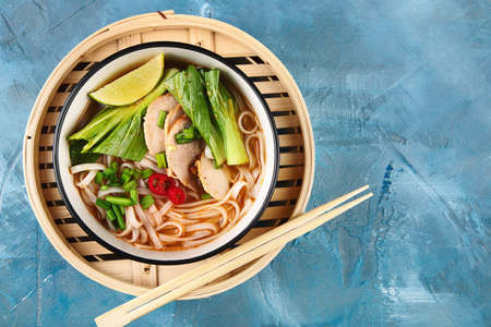Asian noodle soup. Top view with copy spaceの写真素材
