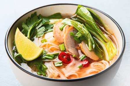 Asian noodle soup. Closeup