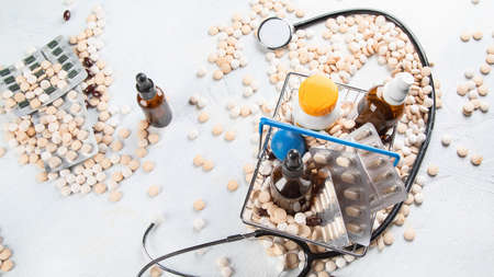 Pharmaceutical medicine pills and bottles. Medicine concept. Image with copy spaceの写真素材