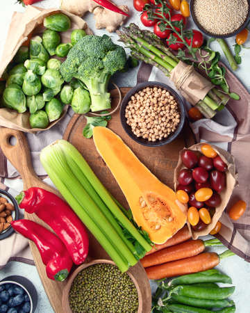 Healthy vegan food.  Vegetarian food cooking ingredients. Clean diet eating.の写真素材