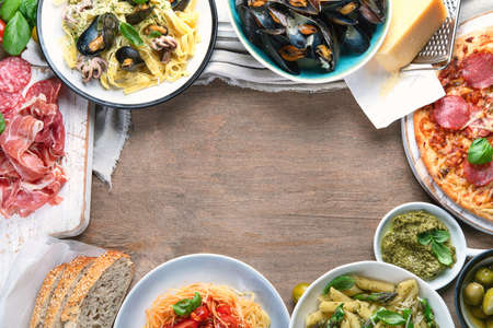 Traditional italian food. Mediterranean cuisine.  Top view with copy space