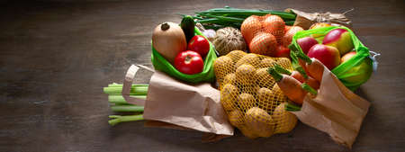 Raw vegetables in eco bags. Zero waste concept. Free plastic shopping and reuse.の写真素材