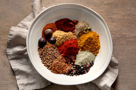 Different spices in bowl for healthy cooking. Top viewの写真素材