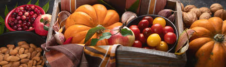 Autumn food composition on black background. Autumn, fall, halloween and thanksgiving  concept....