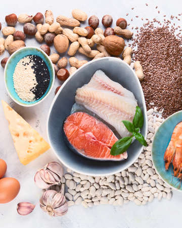 Foods highest in phosphorus. Healthy eating concept. Top view