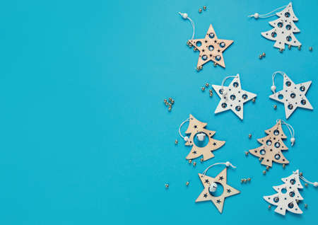 Christmas  composition on colored background. Holiday concept. Flat lay, copy space. with copy spaceの写真素材