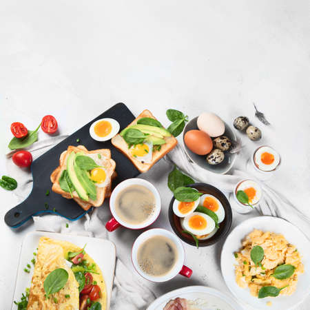 Tradidional egg dishes for breakfast. Essential Ways to Cook an Egg. Breakfast set with coffee cups....