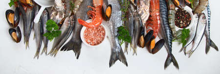 Fresh fish and seafood. Healthy diet eating concept. Top view. Panorama, banner