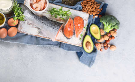 Omega-3 fatty acid rich foods. Products high in healthy fats, vitamin, mineral, antioxidants