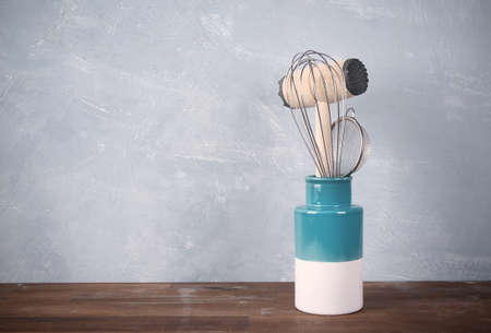 Kitchen utensils. Home kitchen decor concept. Front view with copy space