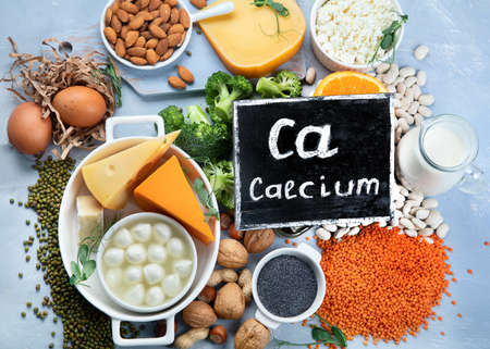 Calcium Rich Foods for Healthy diet eating and For Immune Boostig. Top view, flat layの写真素材