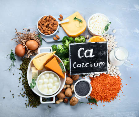 Calcium Rich Foods for Healthy diet eating and For Immune Boostig. Top view, flat layの写真素材