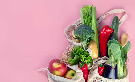 Eco friendly natural bags with organic fruits and vegetables. Zero waste, Plastic free concept. Top...