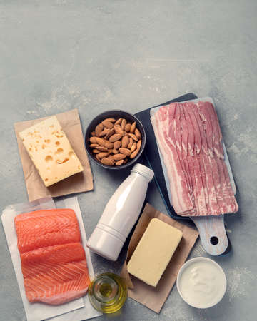 Foods rich in fats.  Main food group - macronutrient fats.  Top view with copy spaceの写真素材