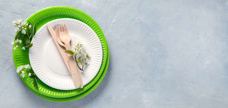 Natural eco-friendly utensils  on grey background with copy space. Sustainable lifestyle. Plastic free concept. Recycling and zero waste  conceptの写真素材