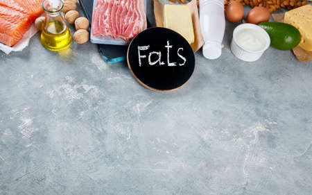 Foods rich in fats.  Main food group - macronutrient fats.  Top view with copy spaceの写真素材