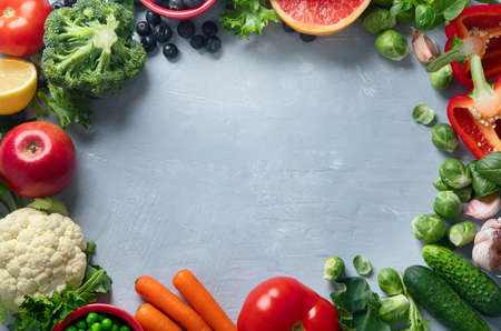 Fresh vegetables. Vegan and vegetarian concept. Foods high in vitamins, minerals and antioxidants. Healthy diet eating for immune boosting. Top view with copy spaceの写真素材