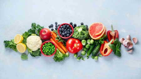 Fresh vegetables. Vegan and vegetarian concept. Foods high in vitamins, minerals and antioxidants. Healthy diet eating for immune boosting. Top view with copy spaceの写真素材