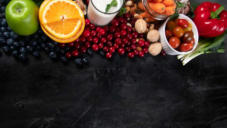 Diabetes and Cholesterol control diet and healthy eating nutrition concept, World diabetes day concept . Top view with copy space. Foods on black backgroundの写真素材