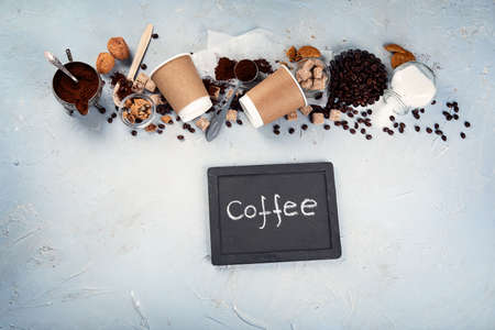 Coffee background with copy space. Top view, flat layの写真素材