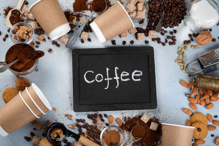 Coffee background with text. Top view, flat layの写真素材
