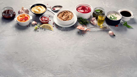 Set of various sauces in bowls on gray background. Image with copy space