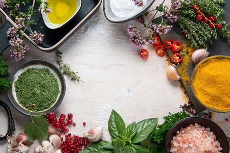 Various herbs and spices. Top view, flat lay with copy spaceの写真素材