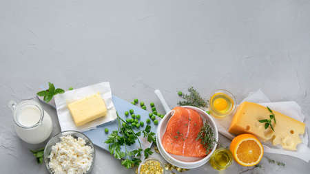 Foods rich in vitamin D. Top view, Copy spaceの写真素材