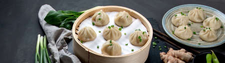 Chinese steamed buns served with dipping sauce and fresh vegetables. Panorama, banner, Copy space
