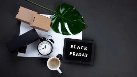 Promotion composition Black friday sale. Black Friday shopping sale concept. Top view, copy space, chalkboard.の写真素材