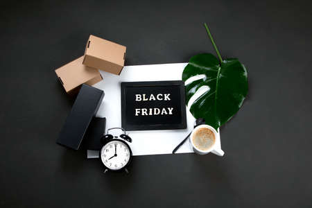 Promotion composition Black friday sale. Black Friday shopping sale concept. Top view, copy space, chalkboard.の写真素材