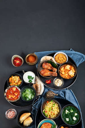Traditional Indian cuisine. Homemade Indian recipes various. Top view, copy spaceの写真素材