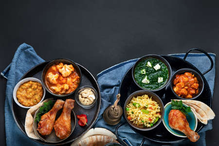 Traditional Indian cuisine. Homemade Indian recipes various. Top view, copy spaceの写真素材
