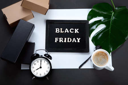 Promotion composition Black friday sale. Black Friday shopping sale concept. Top view, chalkboard.の写真素材