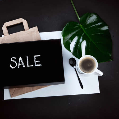 Promotion composition Black friday sale. Black Friday shopping sale concept. Top view, copy space, chalkboard.の写真素材