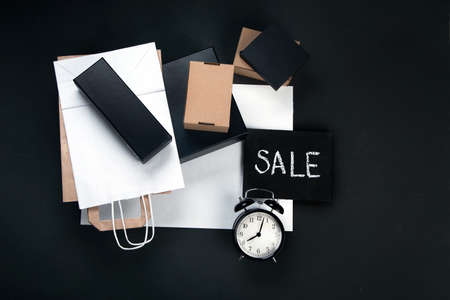 Promotion composition Black friday sale. Special discount christmas offer. Black friday sale mockup fall thanksgiving promotion advertising. Top view, chalkboardの写真素材